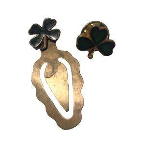 Shamrock Lapel Pin And Bookmark Brass Enamel Clover Pair Vintage Irish Ireland